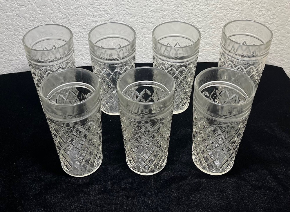 Set Of 7 Quilted Diamond Drinking Glasses Tumblers 16 Oz Vintage 6″ Tall