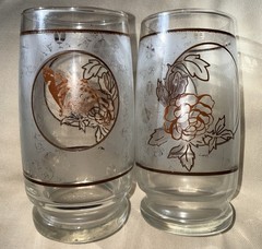 2 Vintage Anchor Hocking Drinking Glasses Floral Roses Butterfly Transfer