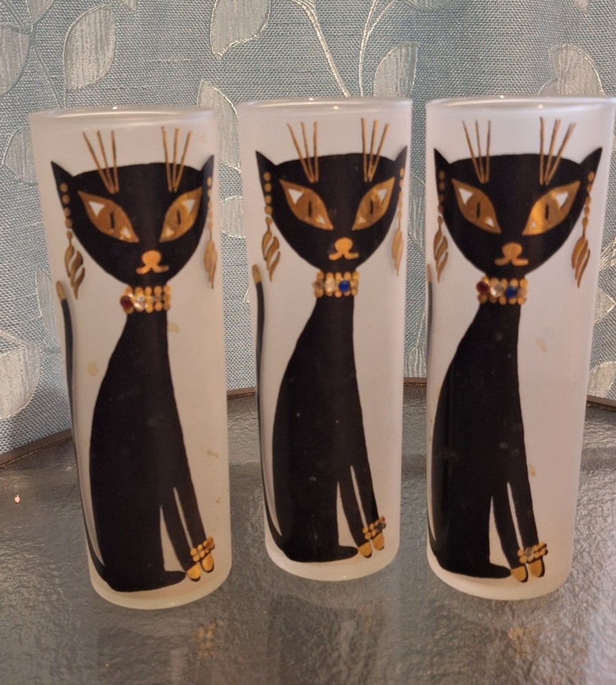 Vintage Libbey Maida Armour Parisian Black Siamese Cats Frosted High Ball Glass