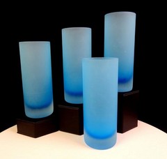 Ombre Art Glass Set Of 4 Blue Satin Frosted 6 1/4″ Highball Collins Glasses 1960