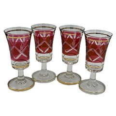 Vintage Cranberry Ruby Cut To Clear Decanter Set of 4 Cordial Liquor Glasses