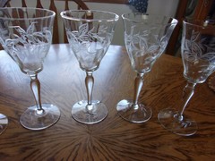 Etched Wine Cut Paneled Crystal Floral Cut Foot – Set of 5