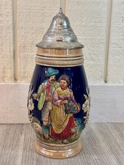 Vintage German Beer Stein Pewter Lid Ceramic Relief Alpine Scene Auf der Alm 0.5