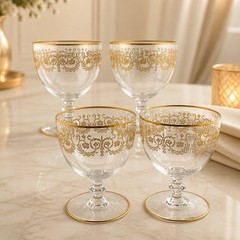 Set Of 4 Baccarat crystal gilded water goblet in the Flora pattern. Signed