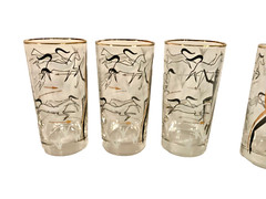 Set of 8 Vintage MCM Glass Tumblers Black & Gold Tribal Hunter Dancer and Horses