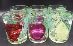 set of 6 Georges Briard Fruit / Apple / Pear / Grapes Lowball Glasses EXC!!