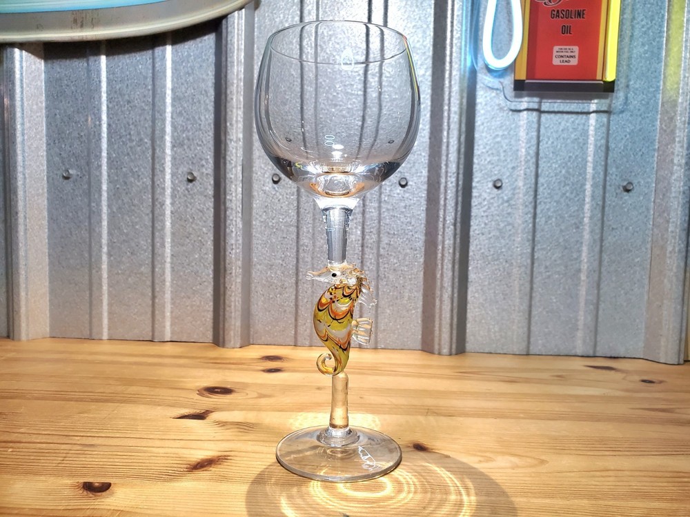 Vintage Murano Glass Handblown Wine Glass w/ Colorful Seahorse Stem