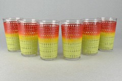 Set of Six VTG Federal Glass Juice Tumblers Red Yellow Green Geometric Design