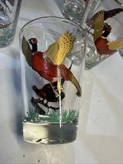 6 Hazel Atlas Pheasant Bar Glasses Old Fashion Ned Smith Game Birds 3 -5/8″