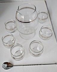 MCM Anchor Hocking Cocktail Set Silver Bands Original Box Silver Trim Lot of 8