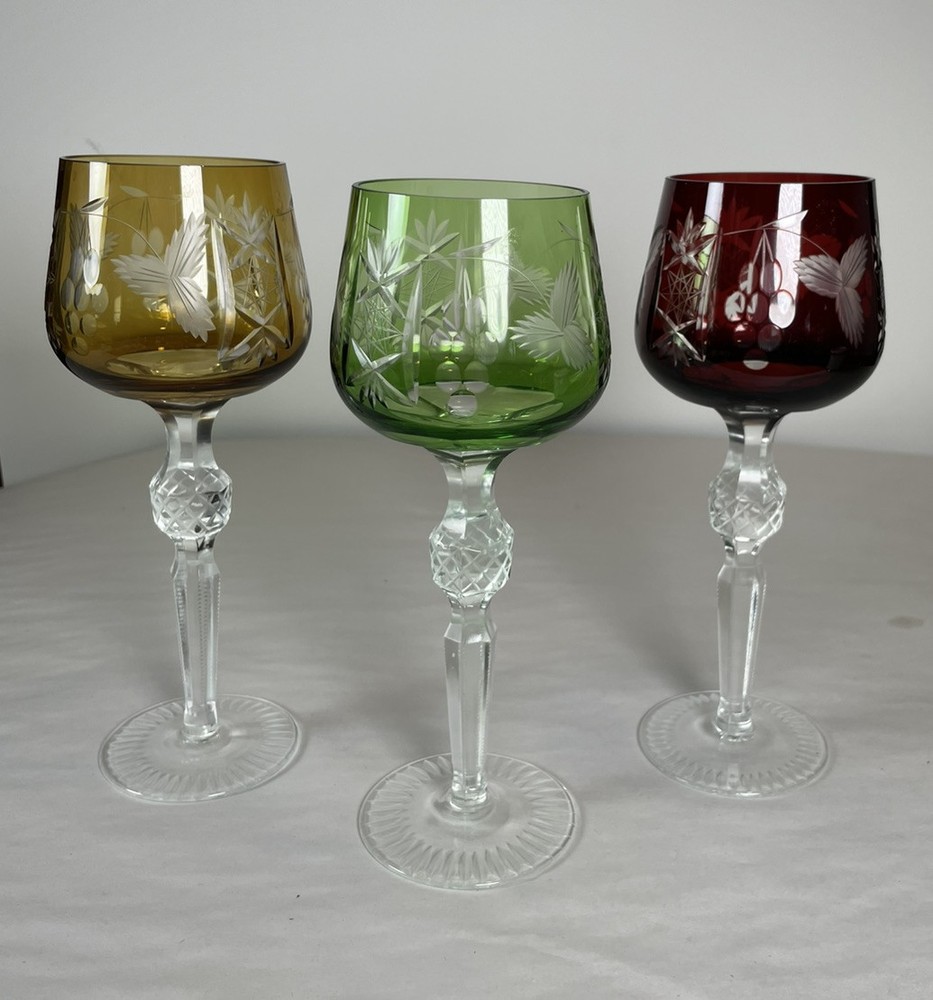 3 Bohemian Cut To Clear Wine Glasses 6 oz.