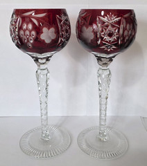 Pair of AJKA MARSALA Ruby Red Cut To Clear 24% PBO Crystal Hock Wine Glasses