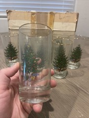 🎄​8 VTG CUTHBERTSON Christmas Tree 12 oz Tumblers Glasses, Gold Rim, 5.5″​ BOX
