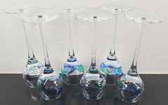 6 Mosaic Cordial Glass Set Elegant Multicolor Stained Blue Line Bar Stemware Lot