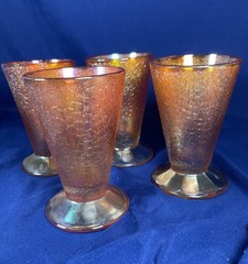 Vintage Crackle Marigold Carnival Footed Tumblers 4.5” Tall Lot Of 4