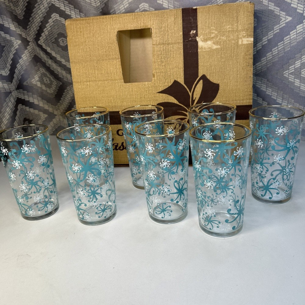 8 Vintage Hazel Atlas Turquoise Drinking Glasses Highball Atomic MCM With Box