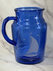 Vtg Hazel-Atlas Cobalt Blue Sailboat Glassware Pitcher, Ice Bucket & 9 Tumblers