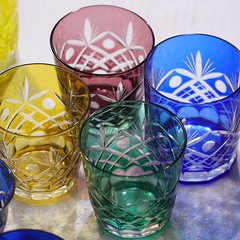 A Set Edo Kiriko Glass Handmade Whisky Drinking Glasses Green Purple Yellow Blue