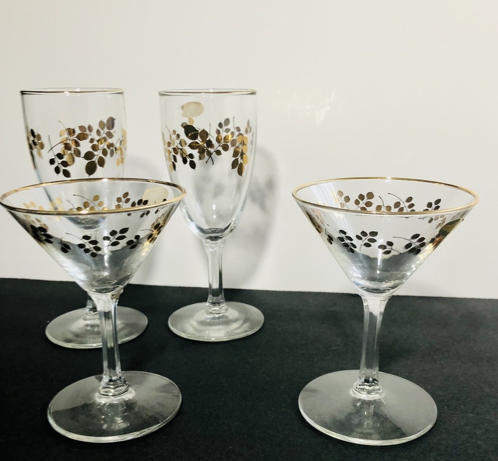 Vintage Gold Rim & Leaves Stemware Martini Champagne Glasses Barware Mid Century