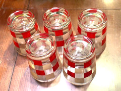 5 Mid-Century Red & White Checkered Rocks Glasses