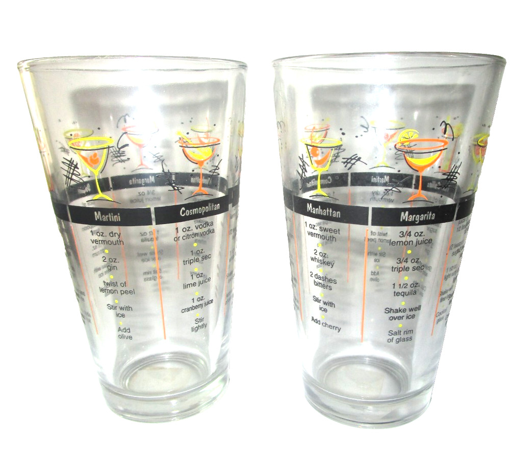 Retro MCM Cocktail Recipe Glasses Barware set of 2 each 16.2 oz