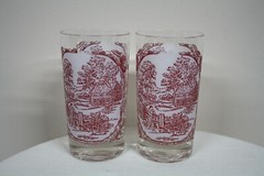 Currier & Ives Red White 8oz Juice Glasses Lady Leaning on Fence Cabin Acorn Dog