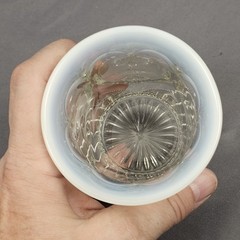 Vintage Opalescent Pressed Glass Tumbler Heart Scroll Blue/White Rim Juice Vase