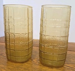 Anchor Hocking MCM Amber Topaz Square Grid Glasses Barware Set Of 2 Vintage