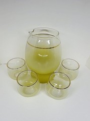 West Virginia Glass Cocktail Pitcher Snifter Roly Poly Set Yellow MCM Blendo