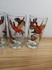 Vintage MCM Red Gold Ringneck Pheasant Tall Barware Glasses Set of 3