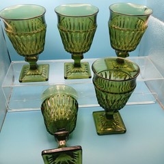 5 VTG Indiana Glass Mount Vernon Avocado Green Water Goblets Square Footed, 6″