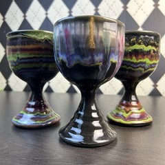 Signed D. Lesser Studio Pottery Goblets, Stoneware Set of 3, 6 Inches Tie & Dye