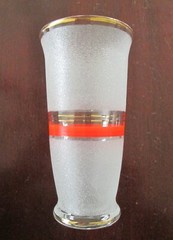 Four MCM Sugar Frosted Cooler Glasses with Gold Red / Blue Bands 6″