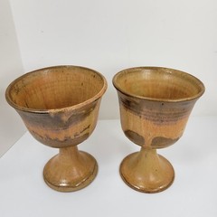 Set of 2 Handmade Studio Art Pottery Goblets Brown Glaze Pedestal Chalice