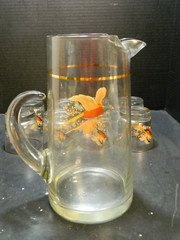 Vintage (9) Piece Virginia Glass Pheasant Old Fashioned Pitcher Set Excellent