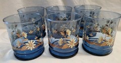 Vtg Libbey Franco Blue Glasses White Gold Flowers Set of 6 Rocks Juice 3.5″ Tall