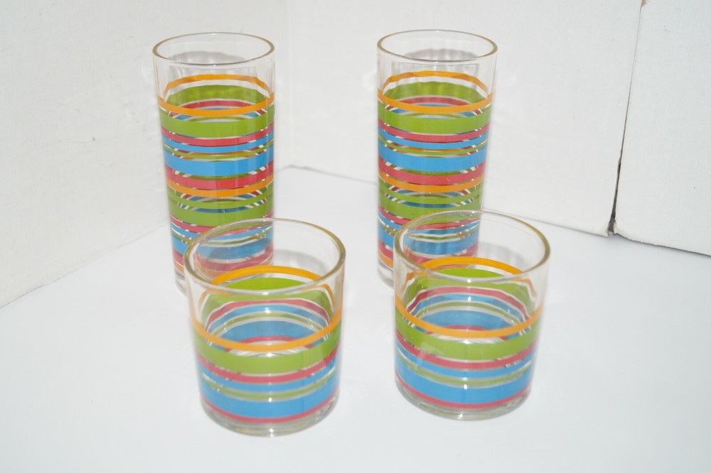 VINTAGE SRTIPED DRINKING GLASSES LOT OF 4, 2-10 OZ AND 2-8 OZ EUC