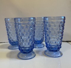 4 Indiana Glass Whitehall Cubist Blue Footed Ice Tea Water Tumblers 12 oz