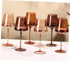 Wine Glasses Set of 6-18oz【Hand Blown】 Crystal Amber Stemmed Venus Wine Brown