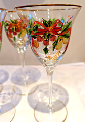 Vintage Lot 2 Romanian Venetian Hand Painted Fruit Wine Glasses 22K Gold Trim JG