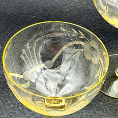 5 Champagne Sherbet Glasses 5.75” Optic Topaz Yellow Crystal Etched Flowers