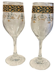 2- Vintage Jewel-Tone Banded Stemware Wine Glasses Barware EUC