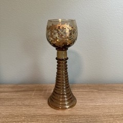 Moser Style Amber Bock Glass With Enameled Gold And Beehive Trumpet Stem 7.5”