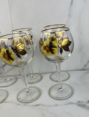 Vintage Romanian Butterfly Floral Gold Leaf Handpainted Wine Glass Set OF 8