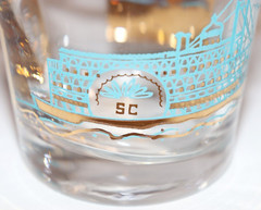 2 Southern Comfort Turquoise & Gold Steamboat Lowball Cocktail Whiskey Glasses