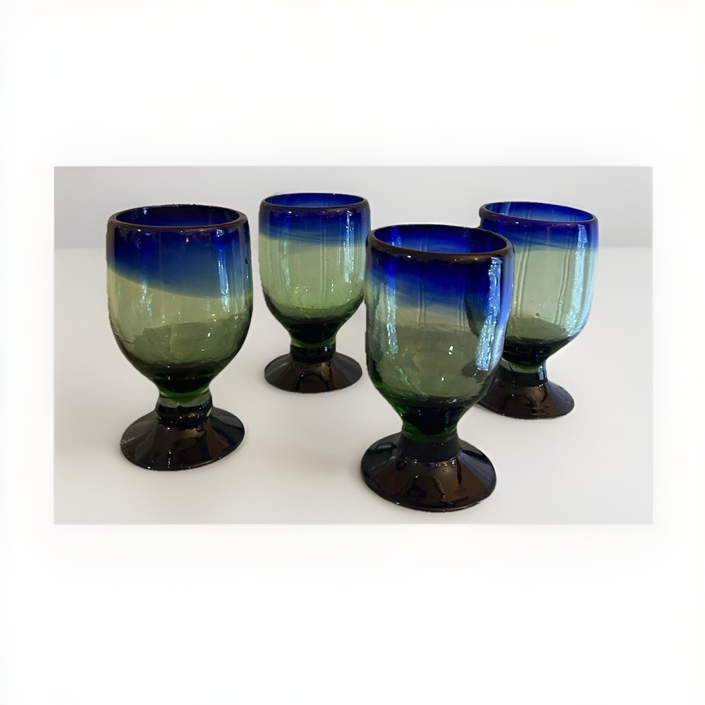 4 hand-blown glass goblets, Mexican. Vibrant green And Blue