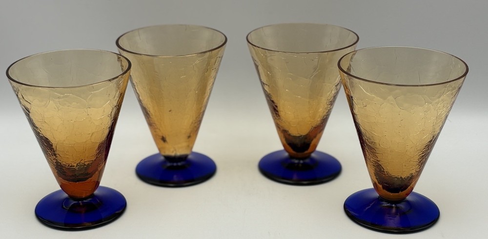 Vintage MCM Amber Crackle Glasses Cobalt Blue Foot – Morgantown Style Set of 4