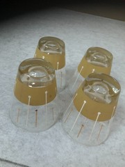 4 Vintage MCM Shot Glasses Olive Green/Gold/White Stripe Retro BARWARE