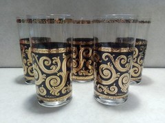 Vintage Set Of 5 Culvers 22k Gold Ebony Baroque Highball Glasses