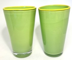 Set Of 2 Dansk~CASED GLASS~Tumblers~BORDERLINE~Green & Yellow trim~BARWARE~5 3/4